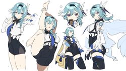  blue_eyes blue_hair blush breasts cape chibi commentary_request drinking eula_(genshin_impact) female genshin_impact gloves hair_between_eyes hair_ornament hairband hidakarumen leg_up long_hair multicolored_eyes squeans thighhighs thighs white_background 