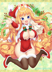  :d animal_ear_fluff animal_ears aran_sweater blonde_hair blue_eyes blush bow braid breasts brown_thighhighs cable_knit capelet cleavage cleavage_cutout clothing_cutout detached_sleeves dress earrings extra_ears female flower fox_ears fox_tail from_above full_body fur-trimmed_legwear fur-trimmed_sleeves fur_trim hat high_heels highres jewelry large_breasts long_hair looking_at_viewer miyano_ururu no_panties open_mouth original pom_pom_(clothes) red_flower red_sweater sack santa_hat smile snowflake_earrings solo striped striped_bow sweater sweater_dress tail thighhighs twin_braids very_long_hair white_capelet 