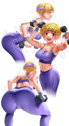  absurdres armpits ass blonde_hair crop_top dumbbell earrings female fukuda_noriko headband highres idolmaster idolmaster_million_live! jewelry kilesha midriff multiple_views navel open_mouth pants purple_pants purple_sports_bra short_hair simple_background sports_bra squatting star_(symbol) star_earrings steaming_body sweat underwear white_background yellow_eyes yoga_pants 