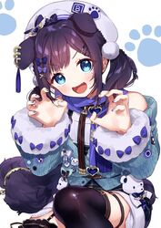  :d aiba_uiha aiba_uiha_(2nd_costume) animal_ears bare_shoulders beret black_hair black_thighhighs blue_bow blue_eyes blue_jacket blue_nails blue_sky bow braid claw_pose commentary_request dog_ears dog_girl dog_tail fangs female fur-trimmed_sleeves fur_trim hands_up hat heart jacket kemonomimi_mode long_sleeves nail_polish nijisanji off_shoulder open_mouth simple_background sky smile solo squatting tail thighhighs virtual_youtuber white_background white_hat yamabukiiro 