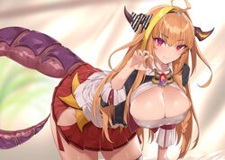  ahoge all_fours blush bow breasts brooch claw_pose cleavage cleavage_cutout closed_mouth clothing_cutout commentary dragon_girl dragon_horns dragon_tail female hand_up hip_vent hololive horn_bow horn_ornament horns jewelry kiryu_coco kiryu_coco_(1st_costume) large_breasts long_hair looking_at_viewer multicolored_eyes multicolored_hair orange_hair pleated_skirt purple_eyes red_eyes red_skirt skirt smile solo streaked_hair striped striped_bow tail thighs virtual_youtuber wing_collar yaman 