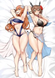  2girls armpits ass_visible_through_thighs barefoot bikini black_bikini blue_bikini blush breasts brown_hair cleavage collarbone crossover flower girls&#039;_frontline green_eyes hair_flower hair_ornament headgear heart_lock_(kantai_collection) highres huge_breasts jai_(whany1998) jewelry kantai_collection korean_commentary long_hair looking_at_viewer multiple_girls mutsu_(kancolle) navel on_bed open_mouth ring sarong second-party_source short_hair springfield_(girls&#039;_frontline) swimsuit toes wedding_ring 