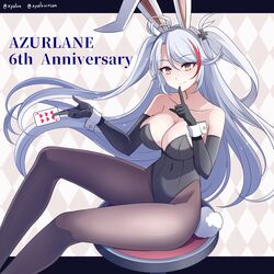  absurdres alternate_costume animal_ears anniversary azur_lane breasts card cleavage elbow_gloves female finger_to_mouth gloves hebitsukai-san highres large_breasts long_hair multicolored_hair pantyhose playboy_bunny playing_card prinz_eugen_(azur_lane) rabbit_ears sitting streaked_hair two_side_up wrist_cuffs 