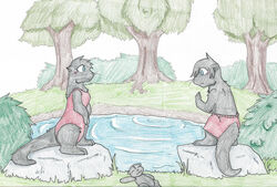  2013 after_transformation anthro black_body black_fur black_hair blue_eyes blush breasts clothed clothing colored_pencil_(artwork) detailed_background duo female fur grass hair hi_res male mammal mustelid one-piece_swimsuit otter outside plant plushie pond rainbowraven red_clothing rock semi-anthro shrub small_breasts standing swimming_trunks swimwear traditional_media_(artwork) tree 