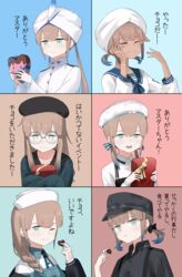  1other 4boys absurdres baker_nemo_(fate) black_headwear blue_hair box box_of_chocolates braid cabbie_hat candy captain_nemo_(fate) chocolate collared_shirt commentary_request engineer_nemo_(fate) fate/grand_order fate_(series) female food gift happy_valentine hat hat_feather heart heart-shaped_chocolate highres long_hair long_sleeves looking_at_viewer marine_nemo_(fate) military military_uniform multicolored_hair multiple_boys naval_uniform nemo_(fate) ninjin_(ne_f_g_o) nurse_cap nurse_nemo_(fate) platinum_blonde_hair professor_nemo_(fate) shirt single_braid tan translation_request turban twintails two-tone_hair uniform valentine 