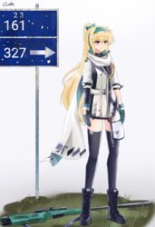  artist_name black_bodysuit blonde_hair bodysuit bolt_action boots bow female gamryous girls&#039;_frontline gloves green_hairband gun hairband hairbow highres jacket long_hair multicolored_clothes multicolored_gloves ponytail red_eyes rifle russian_flag scarf sniper_rifle solo sv-98 sv-98_(girls&#039;_frontline) sv-98_(mod3)_(girls&#039;_frontline) thighhighs turtleneck weapon white_jacket white_scarf 