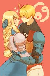  1boy agrias_oaks ahoge armor blonde_hair blush cancer_(symbol) couple female final_fantasy final_fantasy_tactics gauntlets heart ramza_beoulve red_background shoulder_armor straight trpy_tc 