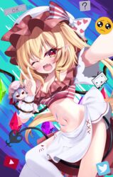  ;d ? absurdres alternate_costume blonde_hair blue_background bow breasts cleavage commentary_request crystal_wings emoji female flandre_scarlet hat heart heart_print heart_ribbon highres internet_survivor laevatein_(tail) looking_at_viewer medium_breasts midriff multicolored_bow multicolored_clothes multicolored_hat navel ok_sign one_eye_closed one_side_up open_mouth pleading_face_emoji polka_dot_headwear red_eyes remilia_scarlet s_vileblood short_sleeves sidelocks single_thighhigh slit_pupils smile solo tail terebi-chan thighhighs touhou traditional_media twitter_logo v white_thighhighs youtube_logo 