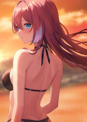  adju_ster back bare_shoulders bikini black_bikini blue_eyes breasts closed_mouth female from_behind hair_between_eyes halterneck highres hololive long_hair looking_back medium_breasts pink_hair string_bikini swimsuit takane_lui virtual_youtuber 