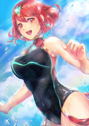  :d bare_arms black_one-piece_swimsuit blush bouncing_breasts breasts chest_jewel covered_navel cowboy_shot day female fuwamoko_momen_toufu highres jewelry large_breasts light_rays one-piece_swimsuit open_mouth outdoors pyra_(pro_swimmer)_(xenoblade) pyra_(xenoblade) red_eyes red_hair short_hair sky smile splashing sunbeam sunlight swimsuit wet xenoblade_chronicles_(series) xenoblade_chronicles_2 