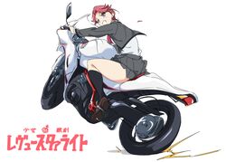  black_socks bow bowtie brown_footwear collared_shirt commentary female graphite_(medium) grey_jacket grey_skirt isurugi_futaba jacket loafers looking_at_viewer motor_vehicle motorcycle pleated_skirt purple_eyes red_bow red_bowtie red_hair school_uniform seishou_music_academy_uniform shirt shoes shoujo_kageki_revue_starlight skirt smile socks solo traditional_media umanosuke white_shirt 