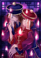  1boy blue_headwear blue_jacket bongun braid braided_ponytail brown_hair chinese_clothes closed_mouth commentary_request cowboy_shot eyes_visible_through_hair female hat hitodama holding_another&#039;s_hair holding_hands jacket jiangshi layered_sleeves long_hair long_sleeves looking_at_viewer munak ofuda purple_background purple_eyes qingdai_guanmao ragnarok_online red_eyes red_headwear red_jacket sasae short_over_long_sleeves short_sleeves signature 