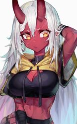  absurdres akumi_(yoclesh) breasts cleavage cleavage_cutout clothing_cutout colored_skin crop_top cropped_hoodie female hair_between_eyes hand_in_own_hair highres hood hoodie horns jin_grey_paladin leaning_to_the_side long_hair looking_away medium_breasts midriff navel non-web_source oni_horns red_skin scar short_eyebrows short_sleeves sideways_glance solo upper_body v-shaped_eyebrows very_long_hair virtual_youtuber vyugen white_background white_hair yellow_hoodie 