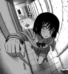  arm_up bag bathroom blush bow bowtie breasts clenched_hands commentary door dutch_angle embarrassed faucet female fisheye full_body greyscale hair_ornament hairclip have_to_pee highres indoors jacket kneehighs knocking leg_up locker long_sleeves looking_up miniskirt mirror monochrome omao original parted_lips pleated_skirt school_uniform shirt shoes short_hair single_shoe sink skirt small_breasts socks solo standing standing_on_one_leg striped_bow striped_bowtie striped_clothes sweat tears teeth tile_floor tiles trash_can unworn_shoes 