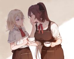  2girls apron blonde_hair blue_eyes blush braid braided_bangs breasts brown_apron brown_hair closed_eyes coffee collared_shirt commentary cup g36_(girls&#039;_frontline) g36_(mod3)_(girls&#039;_frontline) girls&#039;_frontline hair_between_eyes hair_ribbon hair_rings holding holding_cup imoko_(imonatsuki) large_breasts long_hair medium_breasts multiple_girls neck_ribbon ponytail red_ribbon rejected_kiss ribbon shirt short_hair sidelocks sleeves_rolled_up springfield_(girls&#039;_frontline) teacup very_long_hair waitress white_shirt yuri 