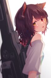  :p absurdres animal_ears bare_shoulders blurry blurry_foreground blush brown_hair commentary_request dog_ears double_bun ear_piercing female from_behind guitar_case hair_bun heterochromia highres instrument_case instrument_on_back inui_toko looking_at_viewer looking_back medium_hair nenehotoso nijisanji off_shoulder official_alternate_costume partial_commentary piercing red_eyes shirt short_sleeves simple_background solo tongue tongue_out tongue_piercing upper_body virtual_youtuber white_background white_shirt yellow_eyes 