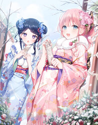  2girls :d a20_(atsumaru) blue_eyes blue_flower blue_hair blue_kimono blush braid braided_bangs chestnut_mouth commentary_request day double_bun flower fur_collar hair_bun hair_flower hair_ornament highres japanese_clothes kimono long_hair long_sleeves looking_at_viewer multiple_girls obi omikuji open_mouth original outdoors pink_flower pink_hair pink_kimono pink_rose purple_eyes rose sash smile wide_sleeves 