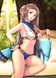  armlet bracelet brown_hair commentary earrings eiyuu_densetsu english_commentary esther_shen female hand_fan hand_on_own_hip jewelry long_hair mole mole_under_eye pillow purple_eyes sen_no_kiseki sen_no_kiseki_ii sen_no_kiseki_iii sen_no_kiseki_iv side_ponytail sitting solo swimsuit vita_clotilde 