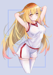  absurdres armpits arms_behind_head bad_id bad_pixiv_id blonde_hair blue_background breasts commentary covered_nipples female gloves gym_uniform highres large_breasts long_hair looking_at_viewer m.tokotsu no_emblem shokuhou_misaki shorts simple_background smile solo sparkling_eyes sportswear star_(symbol) thighhighs toaru_kagaku_no_mental_out toaru_kagaku_no_railgun toaru_kagaku_no_railgun_t toaru_majutsu_no_index tokiwadai_school_gym_uniform very_long_hair white_gloves white_shorts white_thighhighs yellow_eyes 