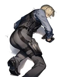  1boy ass ass_focus black_gloves black_pants blonde_hair blue_shirt brown_hair bulletproof_vest curtained_hair e_(h798602056) gloves gun holster holstered leon_s._kennedy male_focus pants resident_evil resident_evil_6 shirt short_hair simple_background solo thigh_holster weapon white_background 