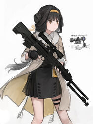  absurdres bipod black_gloves black_hair black_skirt bullpup closed_mouth coat collared_shirt cowboy_shot double_bun female fingerless_gloves fur-trimmed_coat fur_trim girls&#039;_frontline gloves gun hair_bun hair_ribbon hairband highres holding holding_gun holding_weapon long_hair looking_afar magazine_(weapon) muzzle_device open_clothes open_coat pleated_skirt qbu-88 qbu-88_(girls&#039;_frontline) rampart1028 ribbon rifle scope shirt simple_background skirt sniper_rifle solo thigh_strap trigger_discipline weapon white_background white_shirt yellow_coat yellow_eyes yellow_hairband yellow_ribbon 