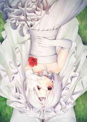  absurdres bridal_veil bride dress elbow_gloves female flat_chest gloves highres lying on_back ray_(pixiv9514208) red_eyes short_hair solo_focus tiara veil vittorio_veneto_(warship_girls_r) warship_girls_r wedding_dress white_dress white_gloves white_hair 