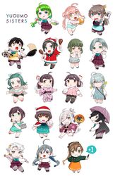  6+girls absurdres ahoge akigumo_(kancolle) akishimo_(kancolle) apron aqua_one-piece_swimsuit asashimo_(kancolle) bad_id bad_twitter_id black_hair brown_hair casual_one-piece_swimsuit chibi commentary_request cooking cotton_candy dress fujinami_(kancolle) glasses green_hair grey_hair grey_one-piece_swimsuit grin hamanami_(kancolle) hand_fan happi hat hayanami_(kancolle) hayashimo_(kancolle) highres japanese_clothes kantai_collection kazagumo_(kancolle) kimono kishinami_(kancolle) kiyoshimo_(kancolle) long_hair makigumo_(kancolle) makigumo_(swimsuit_mode)_(kancolle) makinami_(kancolle) multicolored_hair multiple_girls naganami_(kancolle) official_alternate_costume ojipon okinami_(kancolle) one-piece_swimsuit paper_fan pink_hair pink_kimono placard ponytail sack santa_hat school_uniform short_hair short_ponytail sign simple_background smile stuffed_seal suzunami_(kancolle) swimsuit takanami_(kancolle) tamanami_(kancolle) twintails two-tone_hair uchiwa umbrella white_background white_hair wok yellow_apron yukata yuugumo_(kancolle) 