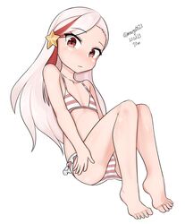  absurdres aged_down barefoot bikini blonde_hair dated female flat_chest frilled_bikini frills full_body highres kantai_collection long_hair maru_(marg0613) massachusetts_(kancolle) multicolored_hair red_eyes red_hair simple_background solo streaked_hair striped striped_bikini swimsuit twitter_username white_background 