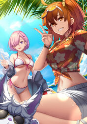  2girls ahoge bare_shoulders beach bikini blue_sky breasts cleavage collarbone day dydydyok eyewear_on_head fate/grand_order fate_(series) floral_print fou_(fate) fujimaru_ritsuka_(female) fujimaru_ritsuka_(female)_(tropical_summer) grey_jacket grin hair_ornament hair_over_one_eye hair_scrunchie hawaiian_shirt highres jacket large_breasts light_purple_hair long_sleeves looking_at_viewer mash_kyrielight mash_kyrielight_(swimsuit_of_perpetual_summer) md5_mismatch medium_breasts multiple_girls off_shoulder official_alternate_costume one_side_up open_mouth orange_eyes orange_hair outdoors purple_eyes red_shirt resolution_mismatch scrunchie shirt short_hair short_shorts short_sleeves shorts sky smile source_larger sunglasses swimsuit thighs v white_bikini white_shorts 