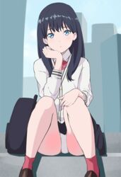  black_hair black_skirt blue_eyes cardigan closed_mouth female gridman_universe head_rest krs_(karasu) long_hair looking_at_viewer panties pantyshot pleated_skirt skirt solo ssss.gridman takarada_rikka underwear white_cardigan 