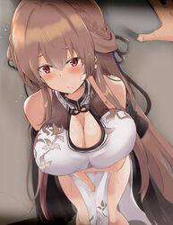  absurdres azur_lane bare_shoulders black_ribbon blush braid breasts brown_hair china_dress chinese_clothes cleavage commentary_request dress female french_braid hair_ribbon highres kabedon large_breasts long_hair mole mole_under_mouth red_eyes ribbon sleeveless sleeveless_dress sweat swiftsure_(azur_lane) swiftsure_(beauty_of_white_jade)_(azur_lane) tonchinkan 