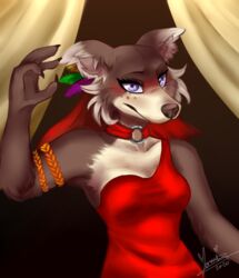  anthro beastars black_nose breasts brown_body brown_fur canid canine canis cheek_tuft clothed clothing dress facial_tuft female fur juno_(beastars) mammal one_shoulder_out red_clothing red_dress single_strap single_strap_clothing single_strap_dress solo tuft wolf yamisu491 