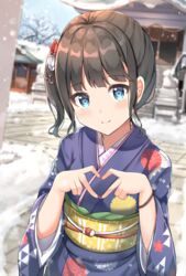  absurdres black_hair blue_eyes blue_kimono blurry blurry_background blush closed_mouth commentary_request day depth_of_field female floral_print furisode hands_up heart heart_hands highres japanese_clothes keiran_(ryo170) kimono long_sleeves looking_at_viewer nengajou new_year obi original outdoors print_kimono sash side_ponytail smile snow solo stairs stone_stairs wide_sleeves 