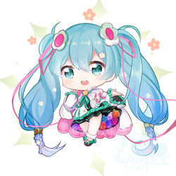  :d absurdres blue_flower blue_hair blue_rose blush chibi chinese_commentary commentary eiba female floral_background flower flower_underskirt full_body green_eyes hair_between_eyes hair_ribbon hatsune_miku highres magical_mirai_(vocaloid) magical_mirai_miku magical_mirai_miku_(2021) open_mouth orange_flower orange_rose pink_flower pink_ribbon pink_rose purple_flower purple_rose ribbon rose round_teeth sample_watermark smile solo teeth twintails upper_teeth_only vocaloid watermark white_background 