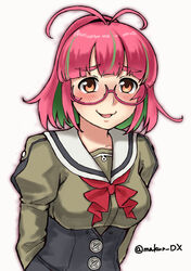  ahoge arms_behind_back bob_cut breasts corset female glasses green_hair grey_sailor_collar juliet_sleeves kantai_collection large_breasts long_sleeves looking_at_viewer maakun_(makun_dx) multicolored_hair neckerchief one-hour_drawing_challenge pink-framed_eyewear pink_hair ponytail puffy_sleeves red_eyes red_neckerchief sailor_collar sailor_shirt school_uniform serafuku shirt short_hair simple_background solo streaked_hair twitter_username ume_(kancolle) upper_body white_background 