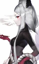  absurdres animal_ears bodysuit breasts colored_skin dyarikku_(vtuber) extra_ears female fox_ears from_side grey_hair highres holding holding_smoking_pipe jin_grey_paladin long_hair looking_at_viewer medium_breasts non-web_source parted_bangs parted_lips profile red_eyes red_skin rope short_eyebrows sideways_glance smoke smoking_pipe solo upper_body virtual_youtuber vyugen 