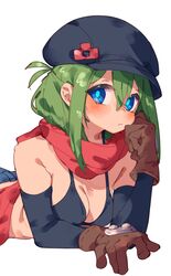  arm_support bare_shoulders bikini bikini_top_only black_bikini black_hat black_sleeves blue_eyes blue_pupils borrowed_character breasts bright_pupils cabbie_hat cleavage denim female gloves green_hair hair_between_eyes hand_on_own_cheek hand_on_own_face hat head_rest highres long_sleeves lying on_stomach original rasusurasu sidelocks solo swimsuit upper_body white_background yunomiya_agari 