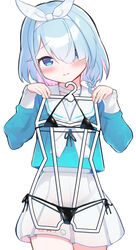  arona_(blue_archive) bikini black_bikini blue_archive blue_eyes blue_hair blue_shirt blush clothes_hanger commentary_request female hair_over_one_eye hair_ribbon head_tilt highres long_sleeves micro_bikini pleated_skirt puffy_long_sleeves puffy_sleeves ribbon school_uniform serafuku shirt side-tie_bikini_bottom simple_background skirt sleeves_past_wrists solo swimsuit swimsuit_hanger ushimittsu white_background white_hair white_ribbon white_skirt 