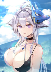  akasaka_asa animal_ears antenna_hair azur_lane bare_shoulders bikini black_choker breasts choker cleavage cloud collarbone day female floppy_ears fox_ears fox_mask grey_hair hair_between_eyes large_breasts long_hair looking_at_viewer mask mask_on_head official_alternate_costume outdoors parted_lips purple_eyes sky solo string_bikini swimsuit tosa_(azur_lane) tosa_(hometown_zest)_(azur_lane) two-tone_bikini upper_body 