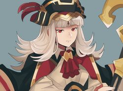  alternate_costume closed_mouth feathers female fire_emblem fire_emblem_heroes green_hair hat long_hair long_sleeves looking_at_viewer official_alternate_costume pirate_costume pirate_hat red_eyes rem_(eyes_410) simple_background solo veronica_(fire_emblem) veronica_(pirate)_(fire_emblem) 