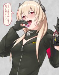  blonde_hair blush breasts commentary_request female girls&#039;_frontline gloves headgear jacket krs_(karasu) long_hair looking_at_viewer m4_sopmod_ii_(girls&#039;_frontline) mechanical_parts multicolored_hair open_mouth red_eyes simple_background solo streaked_hair translated yandere 