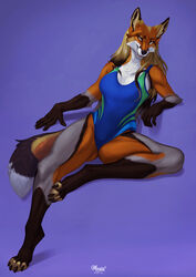  4_toes anthro breasts canid canine claws cleavage clothed clothing digital_media_(artwork) fangs feet female fox hair hi_res inner_ear_fluff long_hair looking_at_viewer maaia mammal multicolored_ears multicolored_hair multicolored_tail one-piece_swimsuit paws reyna_(reynafox) smile smirk solo swimwear tail teeth toe_claws toes tuft 