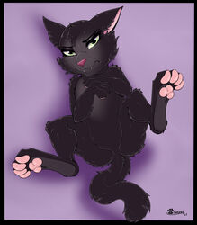  2021 4_toes black_body black_fur digital_media_(artwork) domestic_cat eyelashes fangs featureless_crotch feet felid feline felis female feral fur green_eyes hasbro head_tuft hi_res jade_catkin littlest_pet_shop littlest_pet_shop:_a_world_of_our_own lying mammal marcushunter on_back pawpads paws pink_inner_ear pink_nose pink_pawpads signature solo teeth toes tuft 