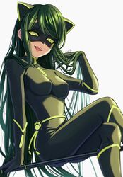  animal_ears black_bodysuit black_gloves black_mask bodysuit cat_ears chat_noir chat_noir_(cosplay) cosplay female gloves green_eyes green_hair highres hm89509321 ladybug_(character) long_hair long_sleeves marinette_dupain-cheng mask miraculous_ladybug open_mouth smile solo very_long_hair 