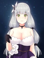  blush breasts cleavage closed_mouth dress facial_mark female girls&#039;_frontline gloves green_eyes grey_hair hair_ornament hk416_(girls&#039;_frontline) hk416_(starry_cocoon)_(girls&#039;_frontline) huge_breasts krs_(karasu) long_hair looking_at_viewer official_alternate_costume solo teardrop very_long_hair 