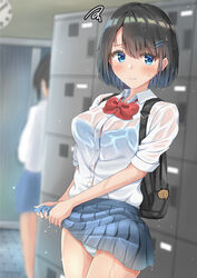  2girls backpack bad_id bad_pixiv_id bag black_hair blue_bra blue_eyes blush bow bowtie bra bra_visible_through_clothes commentary_request getabako hair_ornament hairclip highres multiple_girls original panties school_uniform see-through shirt short_hair skirt striped_clothes striped_panties sunsun2812 underwear uniform wet wet_clothes wet_shirt 