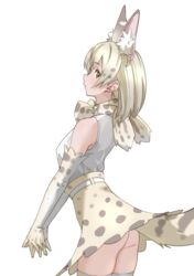  absurdres animal_ear_fluff animal_ears ass bare_shoulders bow bowtie brown_eyes commentary elbow_gloves extra_ears female flat_ass gloves high-waist_skirt highres interlocked_fingers kemono_friends medium_hair own_hands_together platinum_blonde_hair print_bow print_bowtie print_gloves print_skirt serval_print shirt simple_background skirt sleeveless sleeveless_shirt solo tail tanabe_(fueisei) thighhighs white_background white_serval_(kemono_friends) white_shirt 