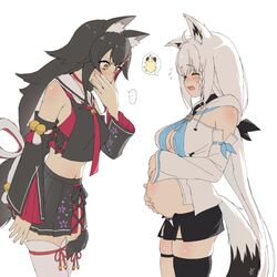  ... 2girls ahoge animal_ears bare_shoulders big_belly black_hair black_shorts bloated blush braid breasts closed_eyes commentary detached_sleeves fox_ears fox_girl fox_tail from_side full_stomach hair_between_eyes hands_on_stomach hololive inflation long_hair long_sleeves medium_breasts multicolored_hair multiple_girls navel norigure18 ookami_mio ookami_mio_(1st_costume) pleated_skirt shirakami_fubuki shirakami_fubuki_(1st_costume) shorts side_braid sidelocks skirt spoken_character spoken_ellipsis standing streaked_hair symbol-only_commentary tail tsunomaki_watame very_long_hair virtual_youtuber vore white_hair wolf_ears wolf_girl wolf_tail x_x yellow_eyes 