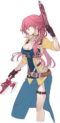  achan_(blue_semi) belt breasts brown_gloves cleavage dual_wielding eiyuu_densetsu female gloves gun highres holding holding_gun holding_sword holding_weapon legs long_hair long_skirt medium_breasts ponytail red_hair sara_valestein sen_no_kiseki sen_no_kiseki_iii sen_no_kiseki_iv simple_background skirt smile solo sword very_long_hair weapon white_background yellow_eyes 