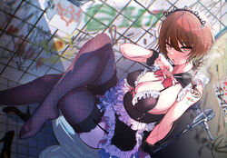  aketa_mikoto alternate_costume arm_support arm_tattoo black_bra black_thighhighs bra braid breasts brown_hair cigarette cleavage crossed_legs enmaided feet female fishnet_thighhighs fishnets frilled_bra frills graffiti high_heels highres holding holding_cigarette idolmaster idolmaster_shiny_colors large_breasts legs looking_at_viewer maid multicolored_eyes no_shoes on_toilet shoes smoke smoking solo tattoo thighhighs thighs tile_floor tiles toes toilet toilet_seat underwear unworn_shoes wrist_cuffs yamabuki_ryuu 